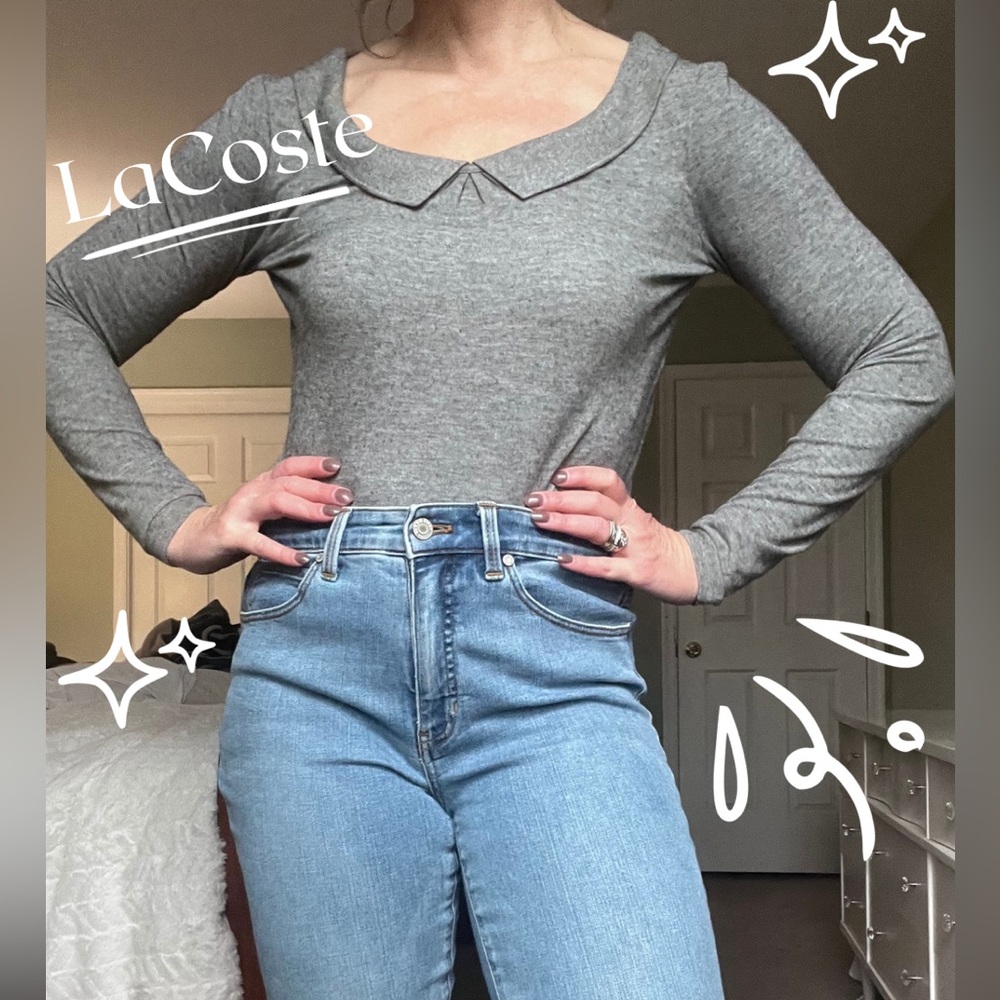 Lacoste size 36 gray long-sleeve top with scoop collar detail.